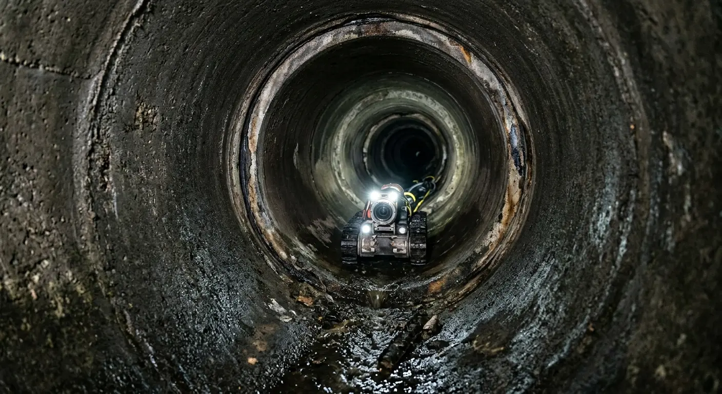 Robotic sewer camera inspecting pipe interior for Sewer Line Cleaning in Southold