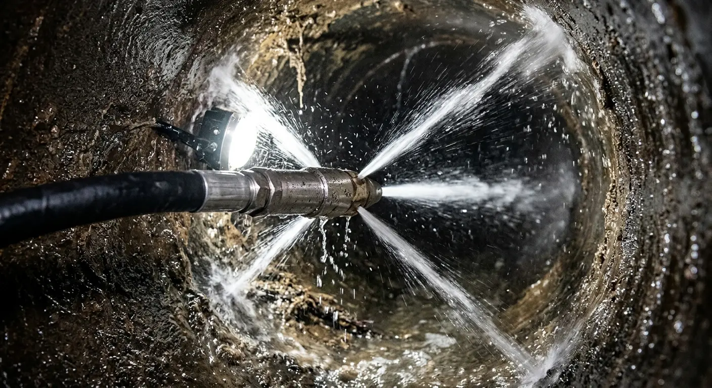 High-pressure hydro jetting nozzle cleaning sewer pipe for Sewer Cleanout in Southold
