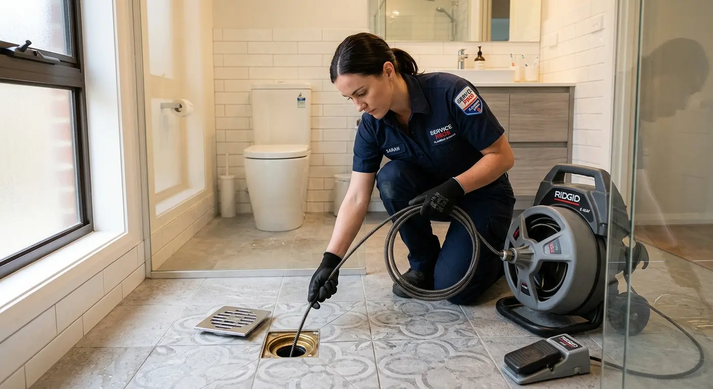 Technician clearing a bathroom floor drain for Drain Cleaning in Southold